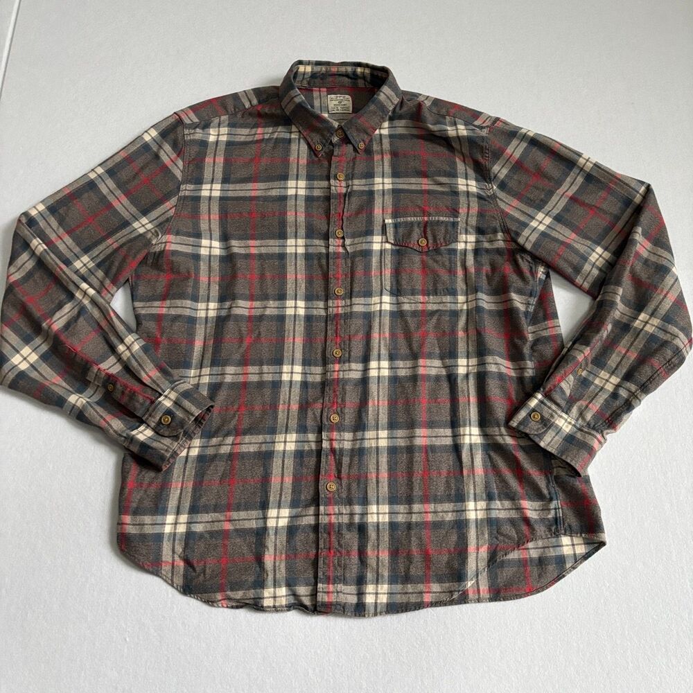 J. Crew Plaid Flannel Button Down Work Shirt Mens XL Gray Red Preppy Academia